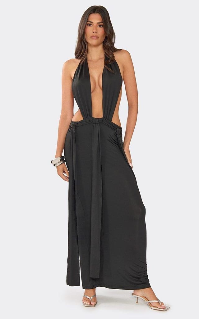 EGO Halterneck Drape Detail Cut Out Maxi Dress In Black., Women's Size UK 6 - 2