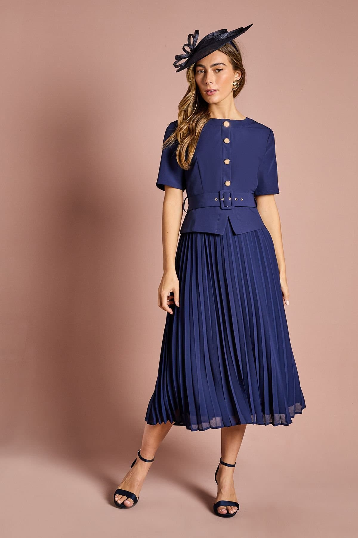 Coast Coast Women's Short Sleeve Button Down Pleated Skirt Midi Dress in Navy