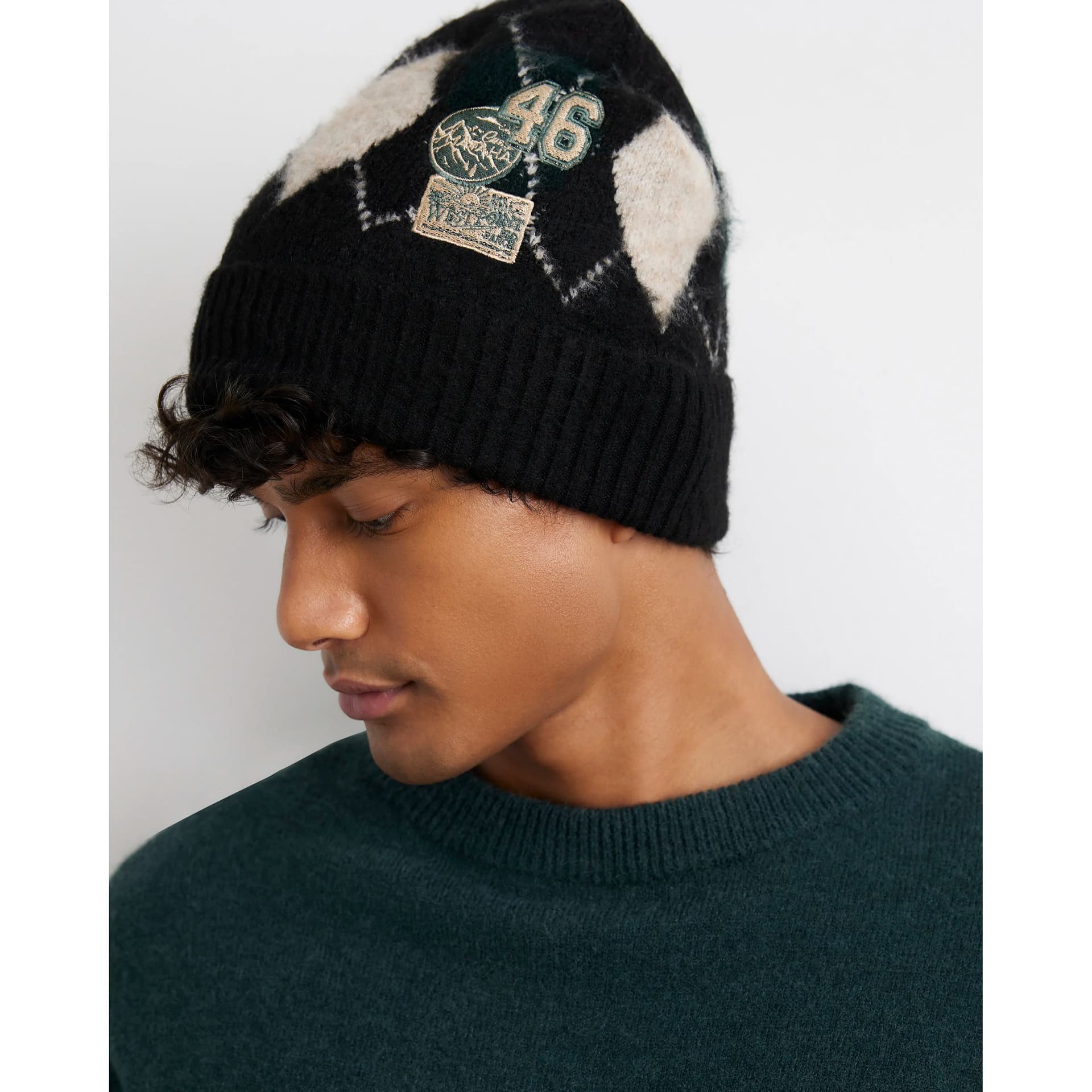 River Island Mens River Island Black Badge Argyle Beanie Hat
