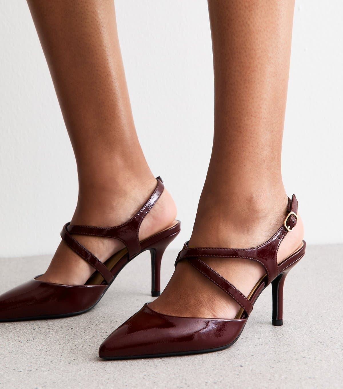 New Look Women's Wide Fit Dark Burgundy Patent Faux Leather Heels Vegan New Look