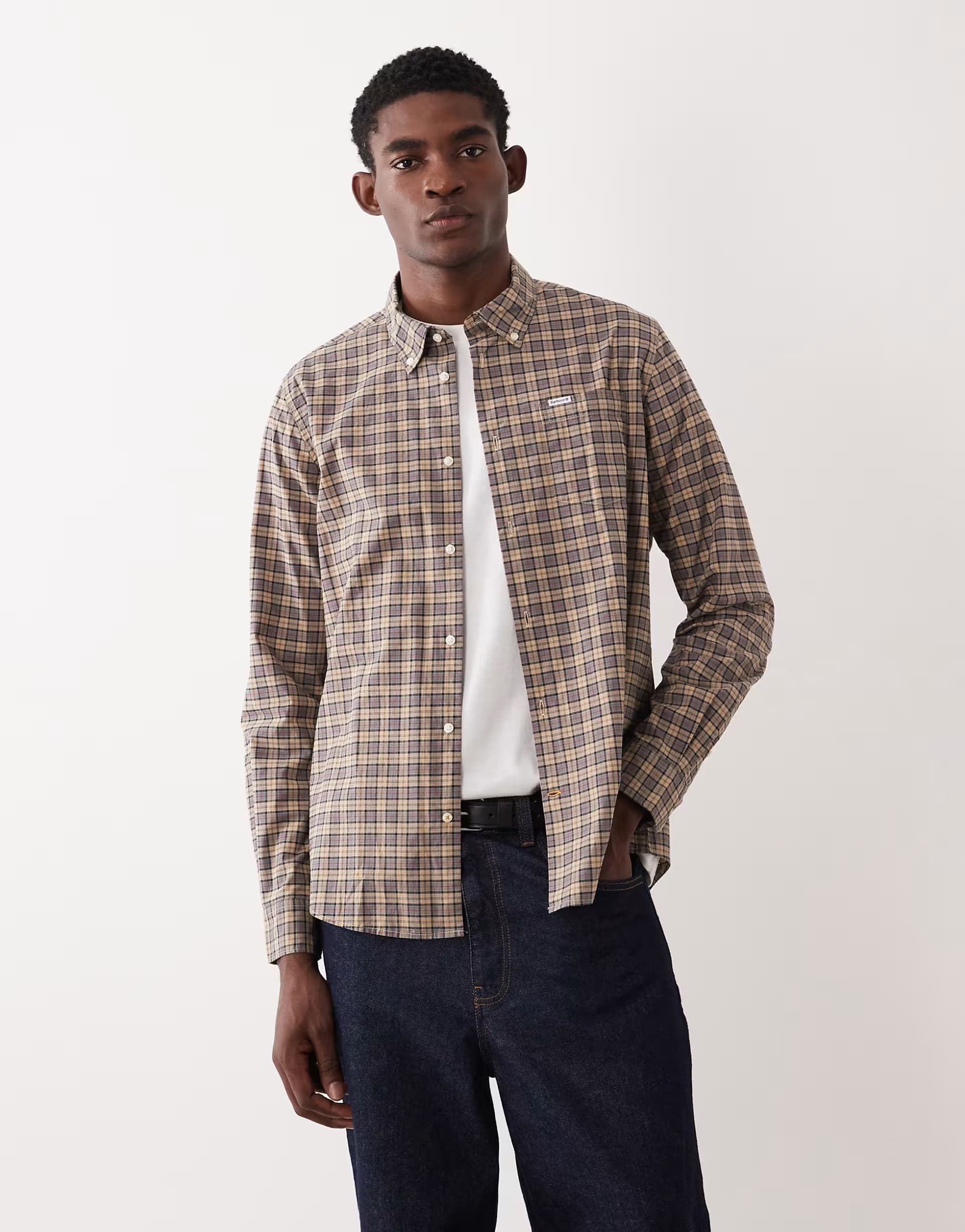 ASOS Barbour Lomond long sleeve small check tartan tailored shirt in brown/green