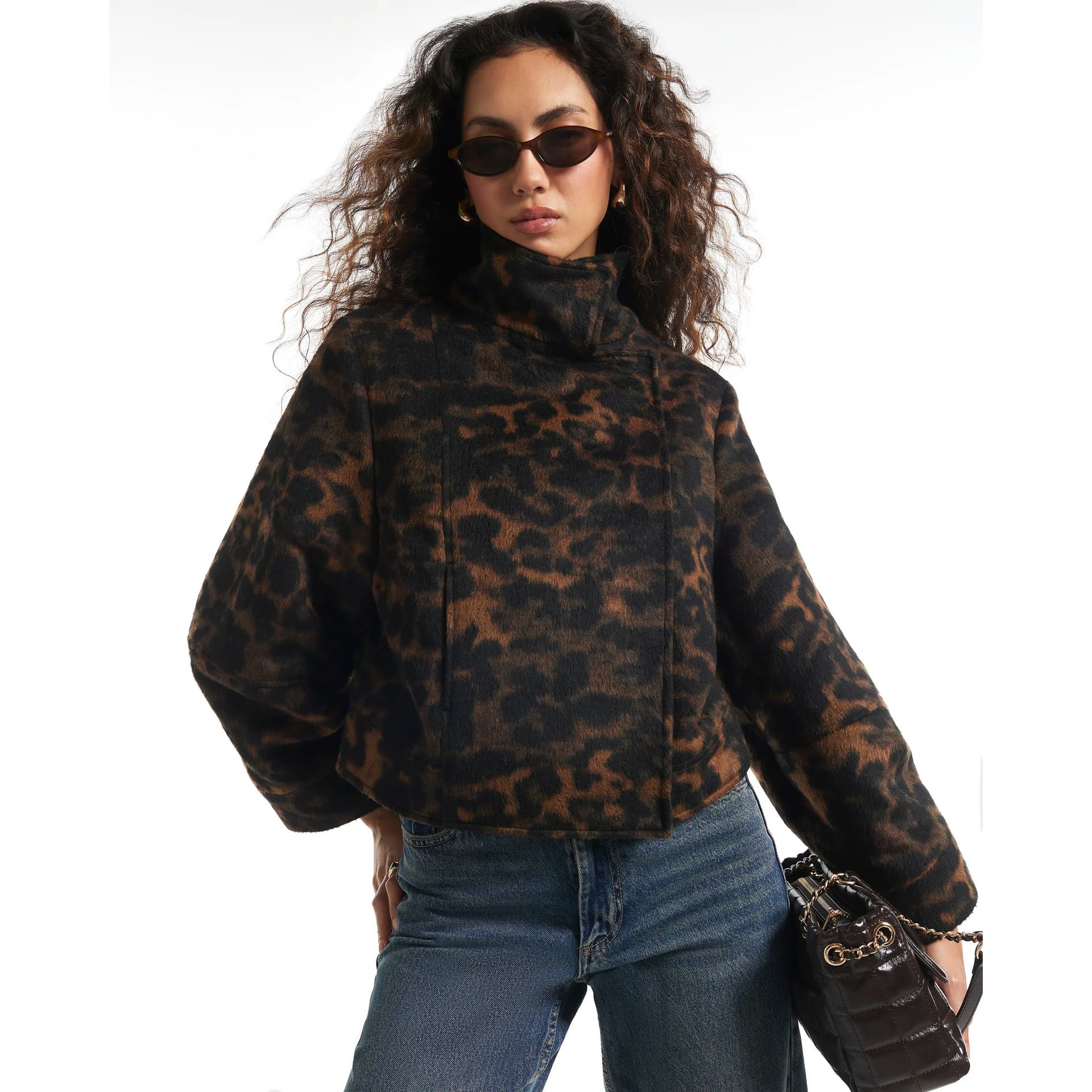River Island River Island Womens Brown Leopard Funnel Neck Cocoon Jacket