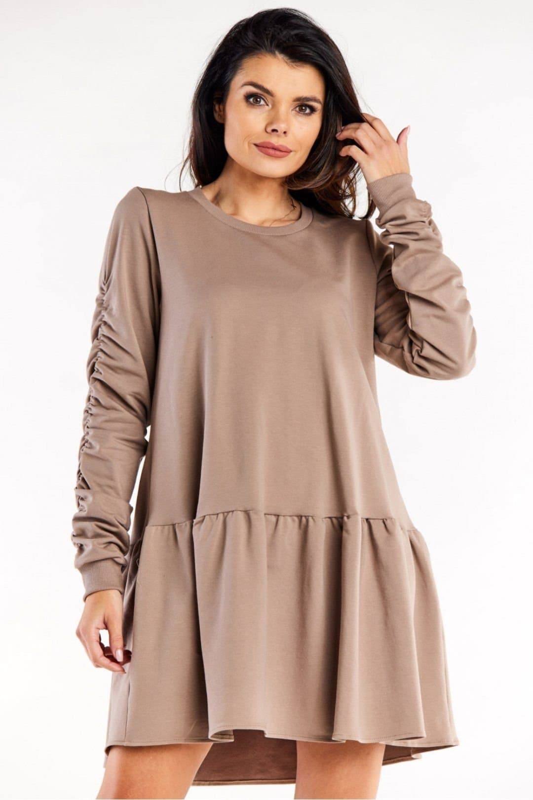 Love Lace Love Lace Women's Loose Long Sleeve Round Neck Ruffle Dress in Brown