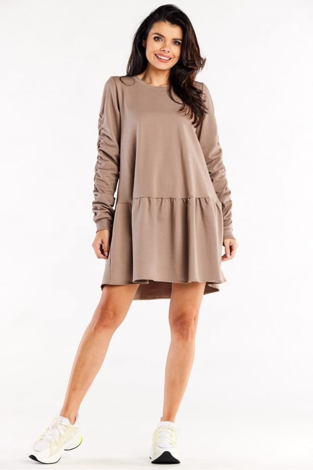 Love Lace Love Lace Women's Loose Long Sleeve Round Neck Ruffle Dress in Brown - 2
