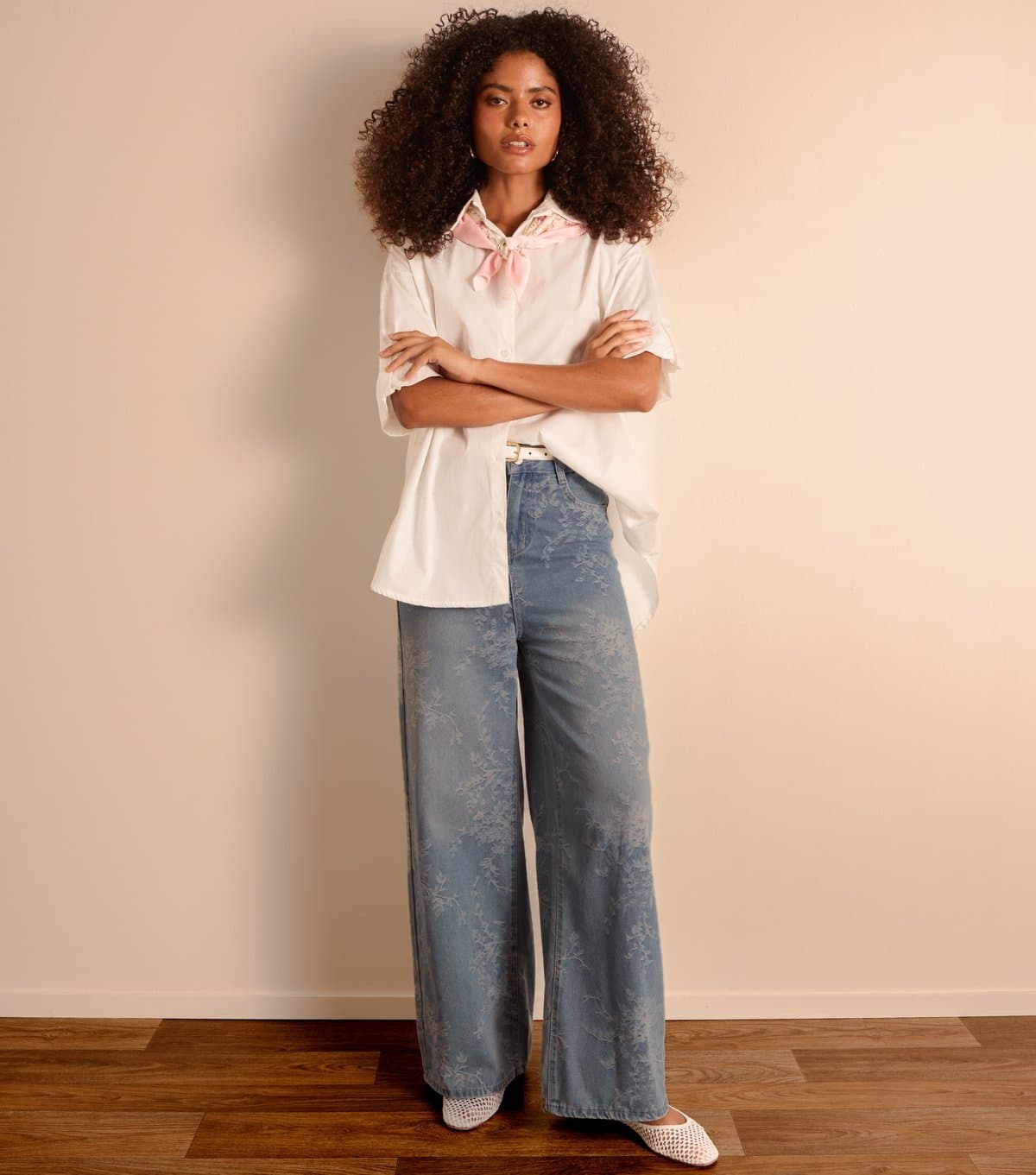 Blue Vanilla Women's Blue Floral Print  Wide Leg Jeans Blue Vanilla New Look