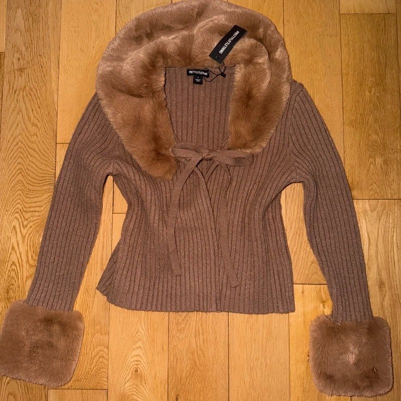 PrettyLittleThing PLT Brown Ribbed Faux Fur Trim Cardigan - Size L - New With Tags - 1