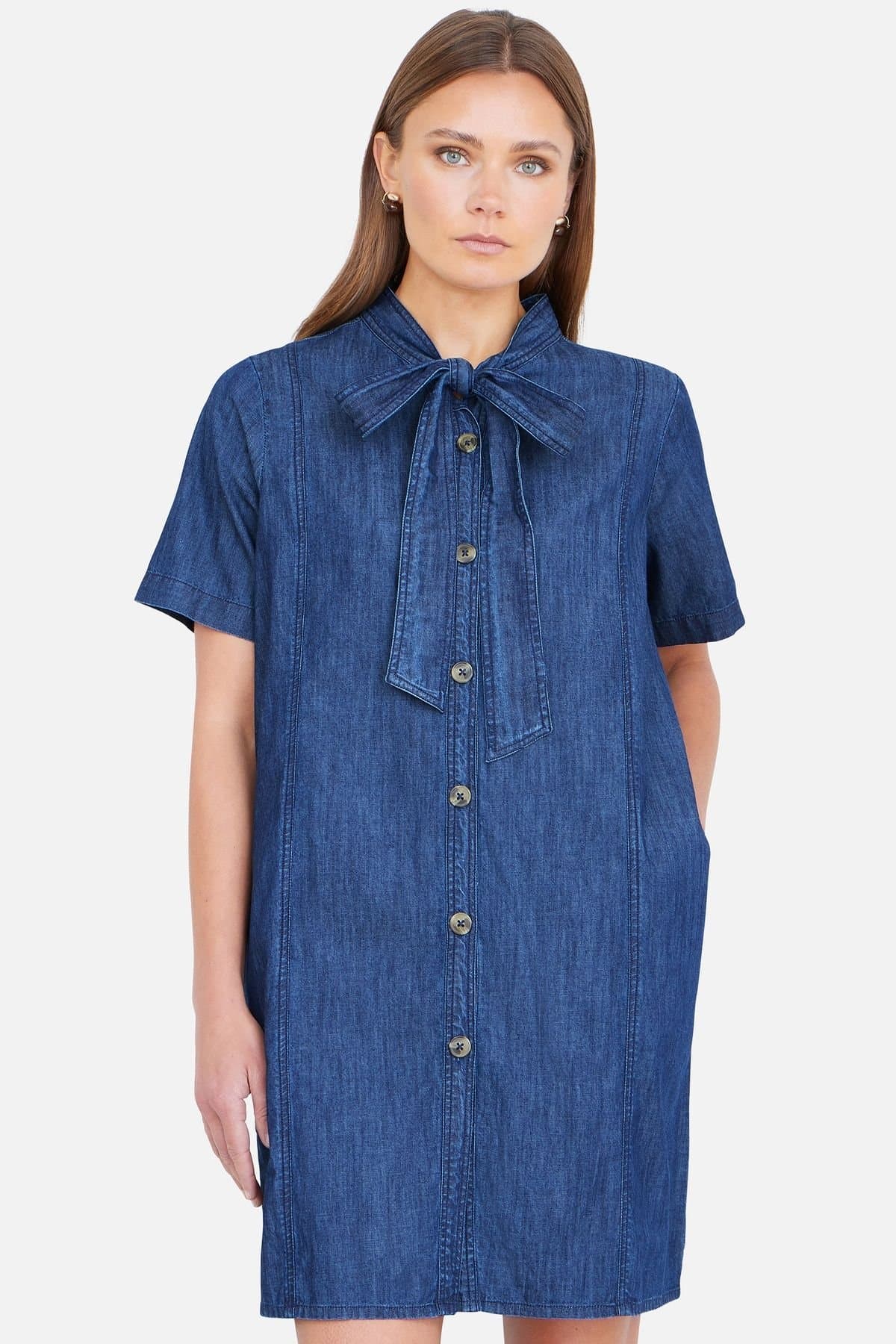 Yumi Yumi Women's Blue Chambray Tunic With Pussy Bow Tie in Indigo
