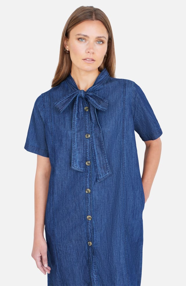 Yumi Yumi Women's Blue Chambray Tunic With Pussy Bow Tie in Indigo - 2