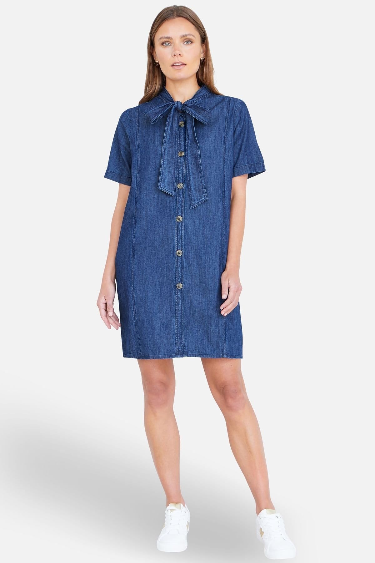 Yumi Yumi Women's Blue Chambray Tunic With Pussy Bow Tie in Indigo - 4