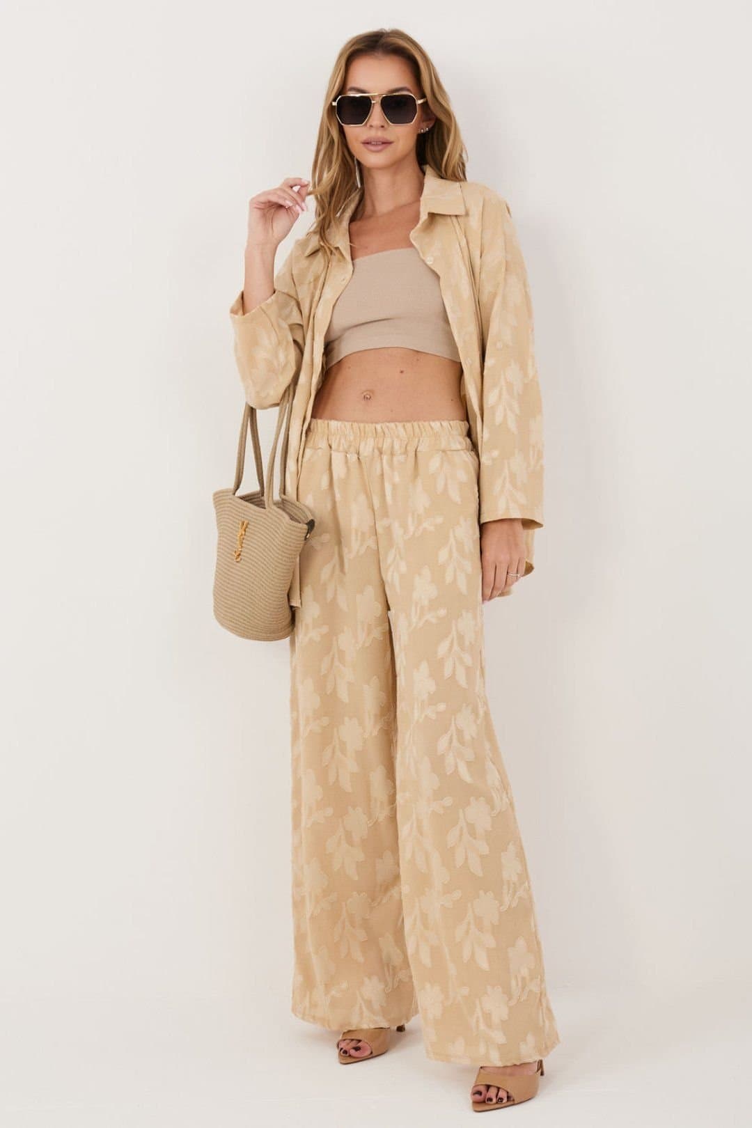 Love Lace Love Lace Women's Viscose Elastane Long Sleeve Shirt Trouser Set in Beige