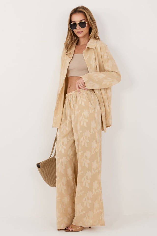 Love Lace Love Lace Women's Viscose Elastane Long Sleeve Shirt Trouser Set in Beige - 2