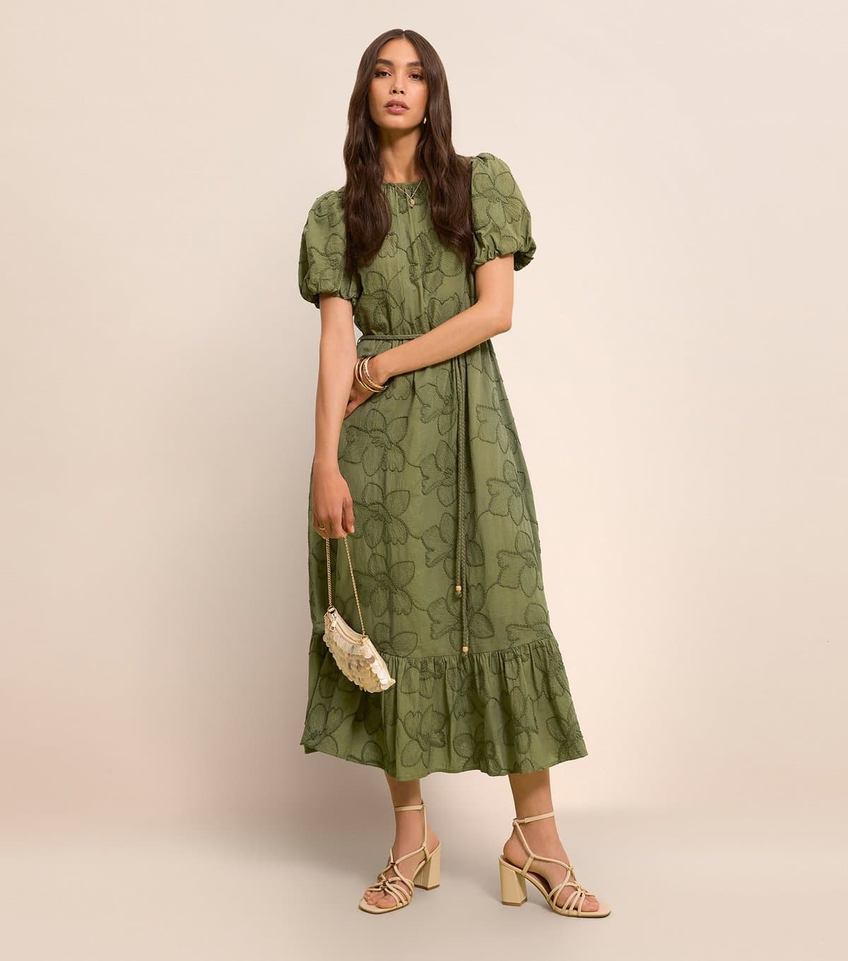 New Look Women's Khaki Embroidered Puff Sleeve Midi Dress New Look