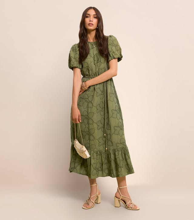 New Look Women's Khaki Embroidered Puff Sleeve Midi Dress New Look - 2