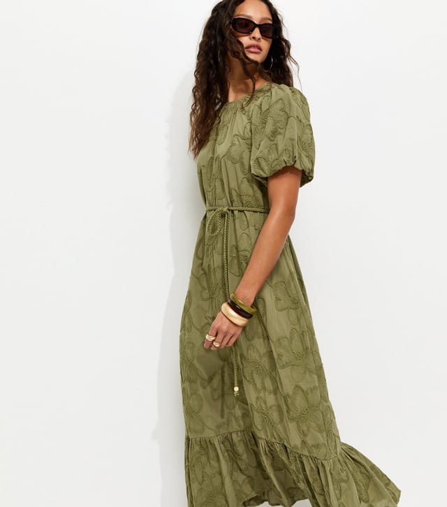 New Look Women's Khaki Embroidered Puff Sleeve Midi Dress New Look - 3