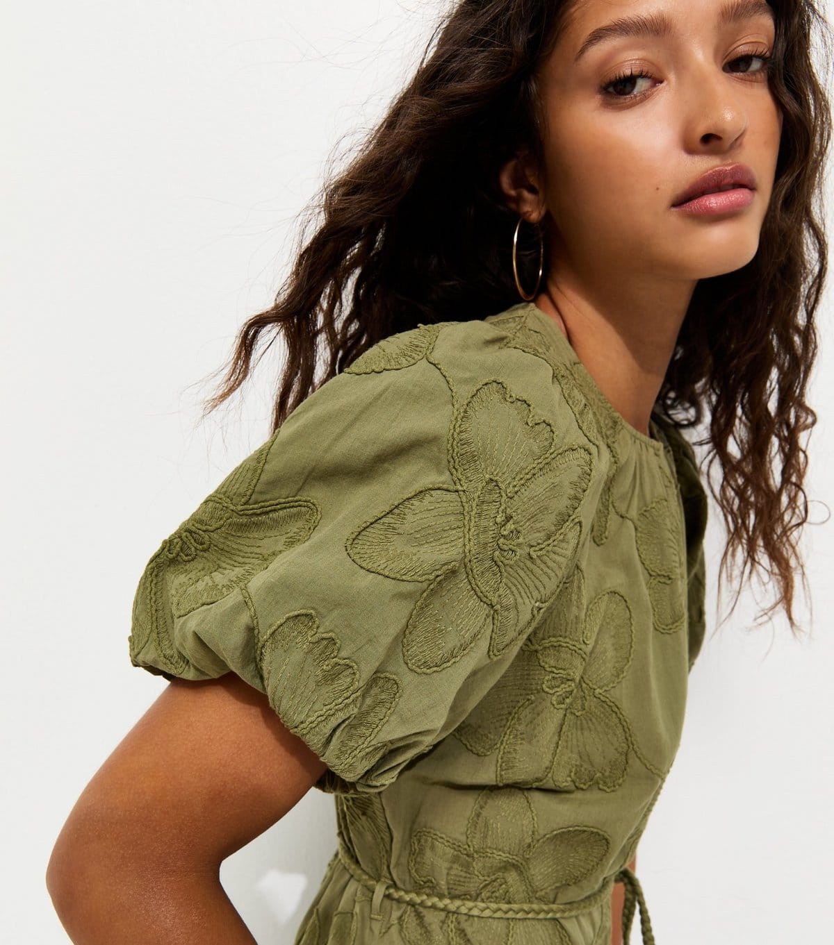 New Look Women's Khaki Embroidered Puff Sleeve Midi Dress New Look - 4