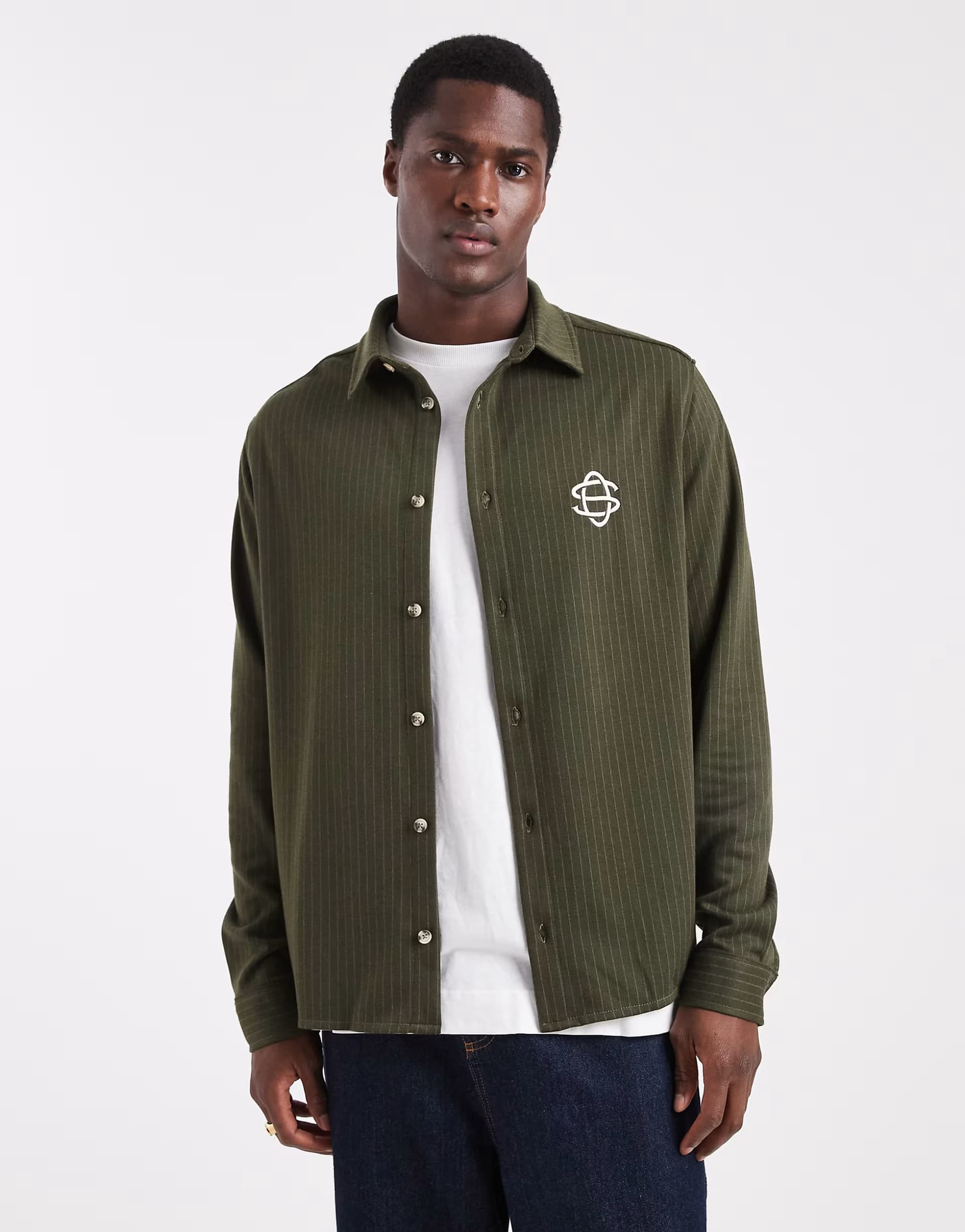 ASOS ASOS DESIGN relaxed shirt with chest embroidery in khaki stripe