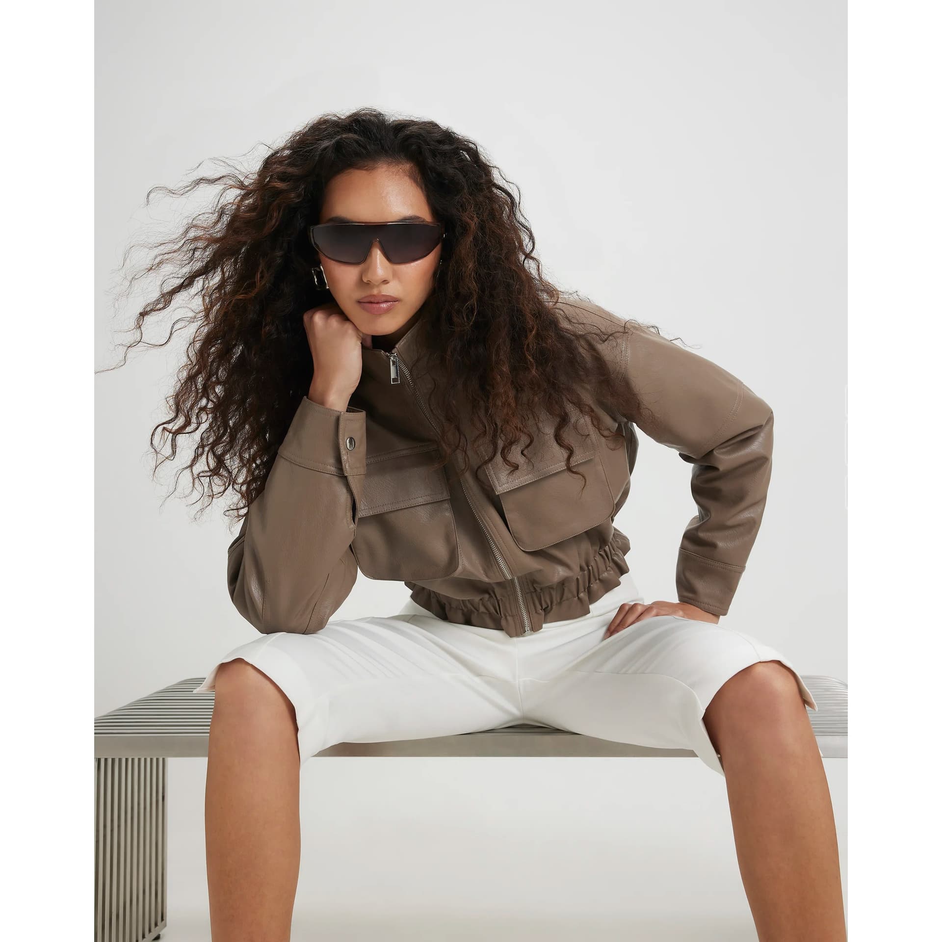 River Island River Island Womens Beige Funnel Neck Faux Leather Jacket