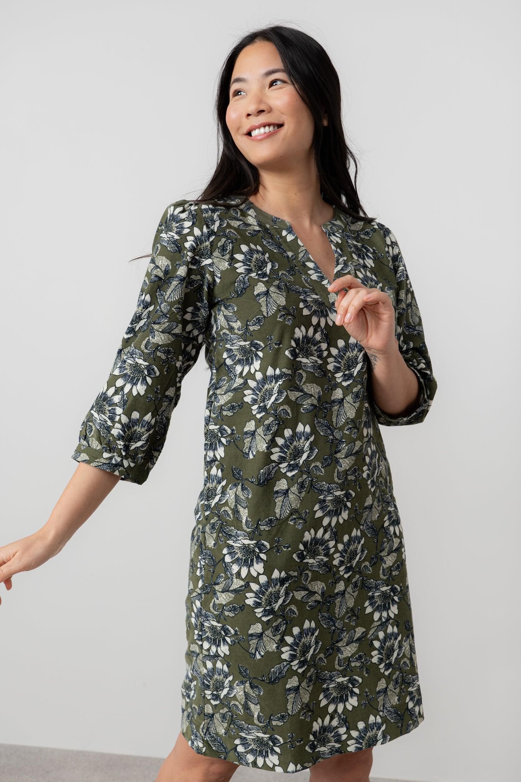 Lily & Me Lily & Me Women's Harvest Cotton Pincord Shift Dress with Three quarter sleeves in Green - 2