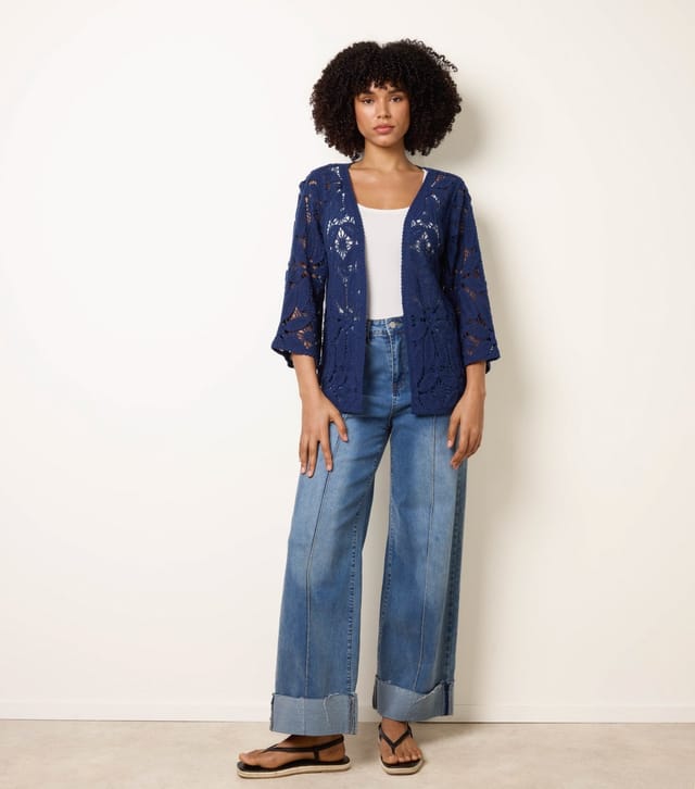 Blue Vanilla Women's Navy Crochet Cropped Sleeve Jacket Blue Vanilla New Look - 2