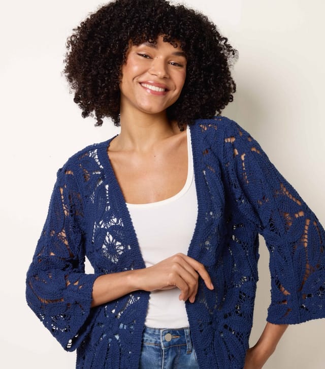 Blue Vanilla Women's Navy Crochet Cropped Sleeve Jacket Blue Vanilla New Look - 3