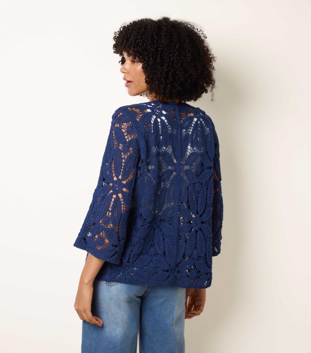 Blue Vanilla Women's Navy Crochet Cropped Sleeve Jacket Blue Vanilla New Look - 4