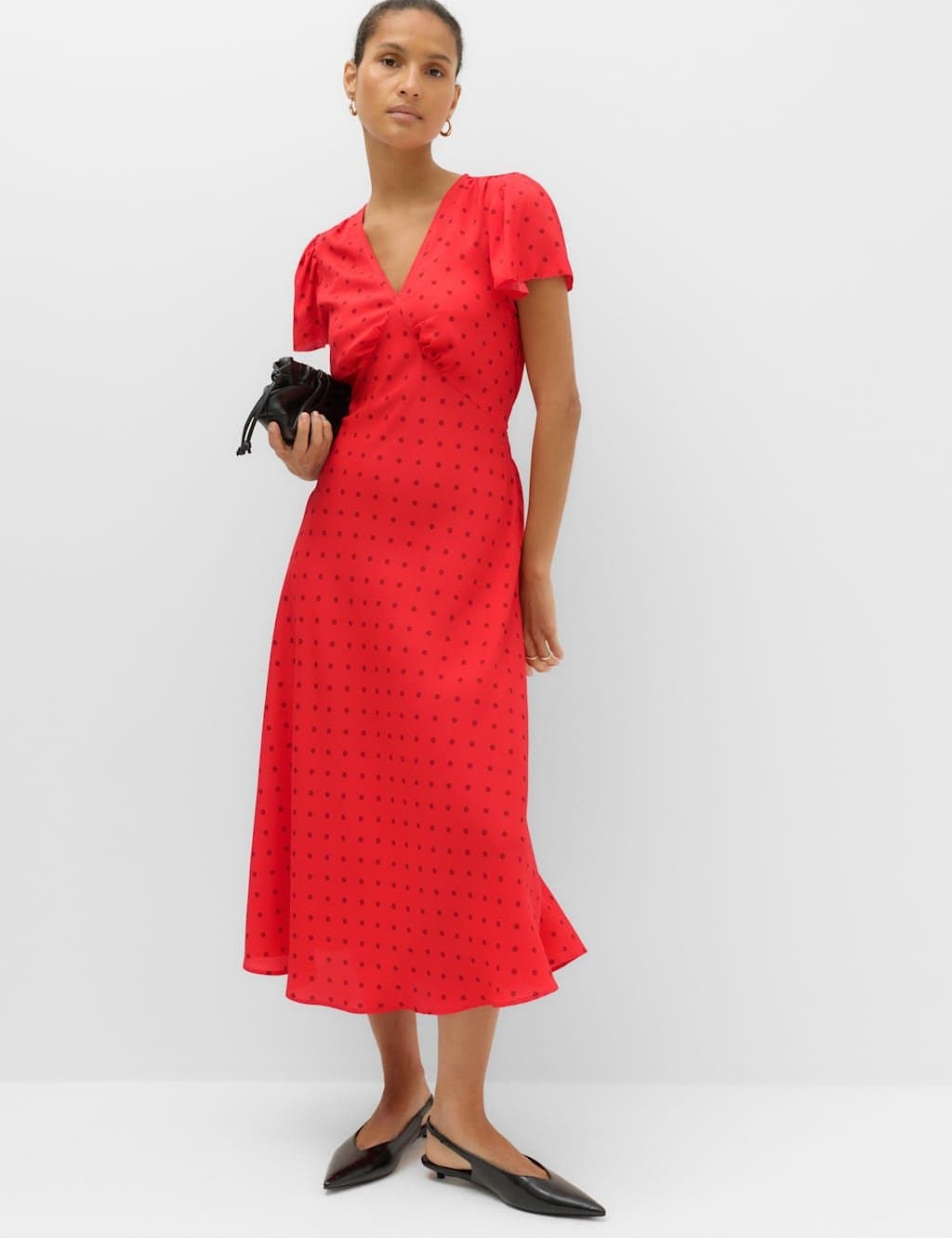 Marks & Spencer M&S Polka Dot V-Neck Midi Tea Dress Red Mix