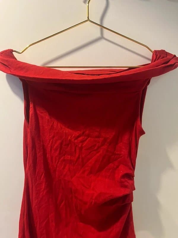 Mango Mango bright red Bardot off the shoulder fold over roll neck ruched detail mini dress