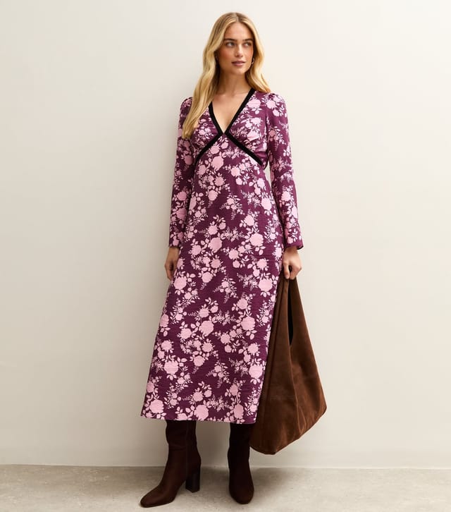 New Look Women's Pink Floral Velvet Devore V-Neck Midi Dress New Look - 3