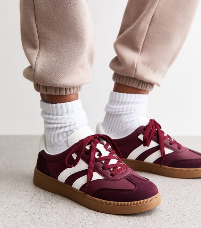 New Look Women's Burgundy Contrast Panel Faux Suede Trainers Vegan New Look - 2