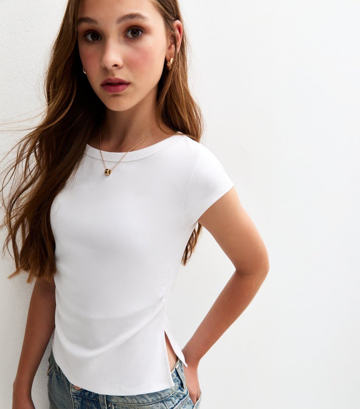 New Look Girls' White Split Side Ruched Cap Sleeve Top New Look