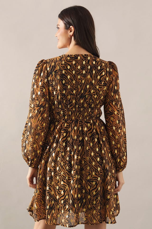 Wallis Wallis Women's Printed Blouson Sleeve Metallic Mini Dress in Animal - 3