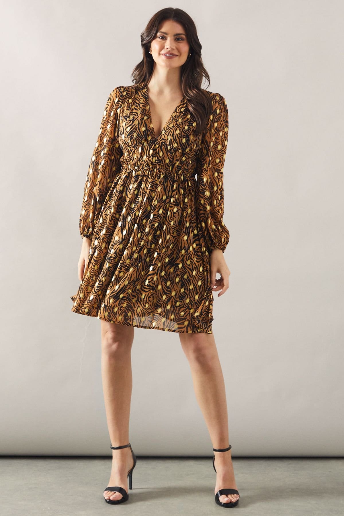 Wallis Wallis Women's Printed Blouson Sleeve Metallic Mini Dress in Animal - 4