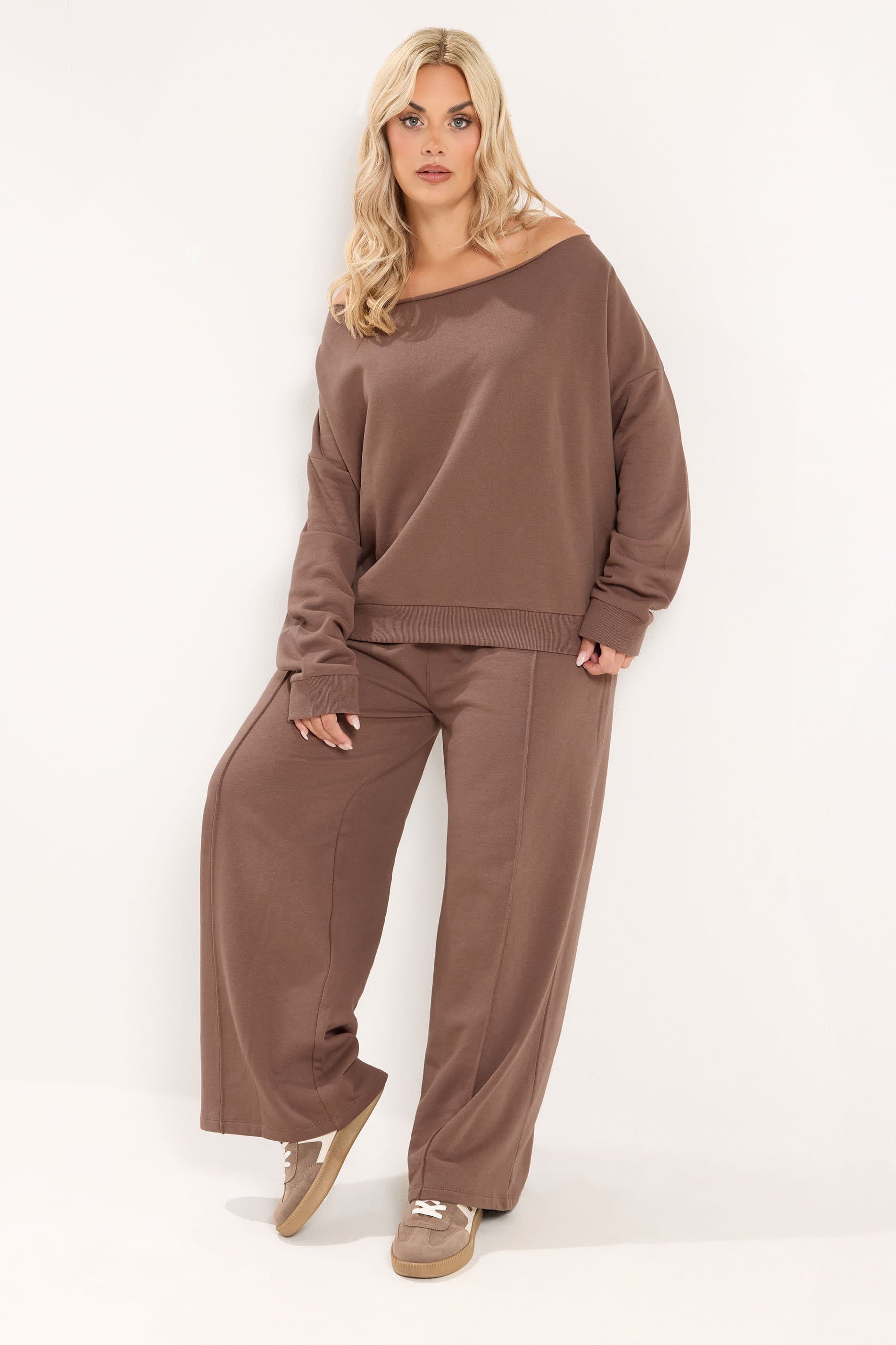 Yours Plus Size Brown Off Shoulder Sweatshirt & Jogger Wide Leg Set