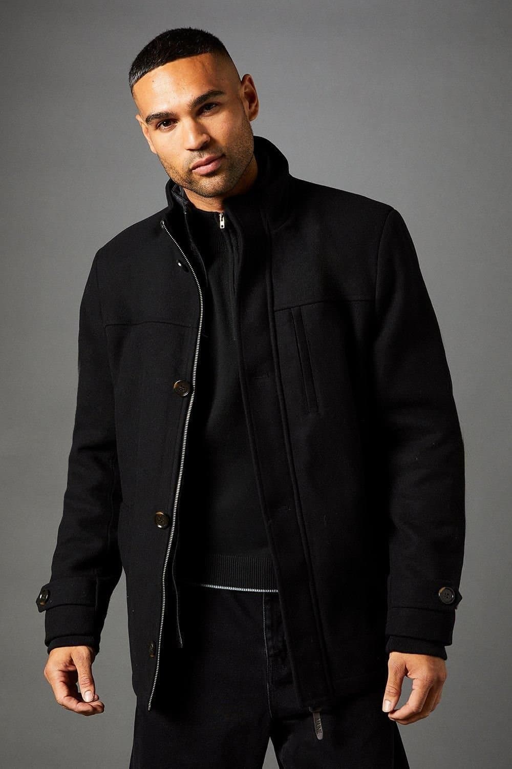 Maine Maine Men's Black Funnel Neck Wool Blend Jacket