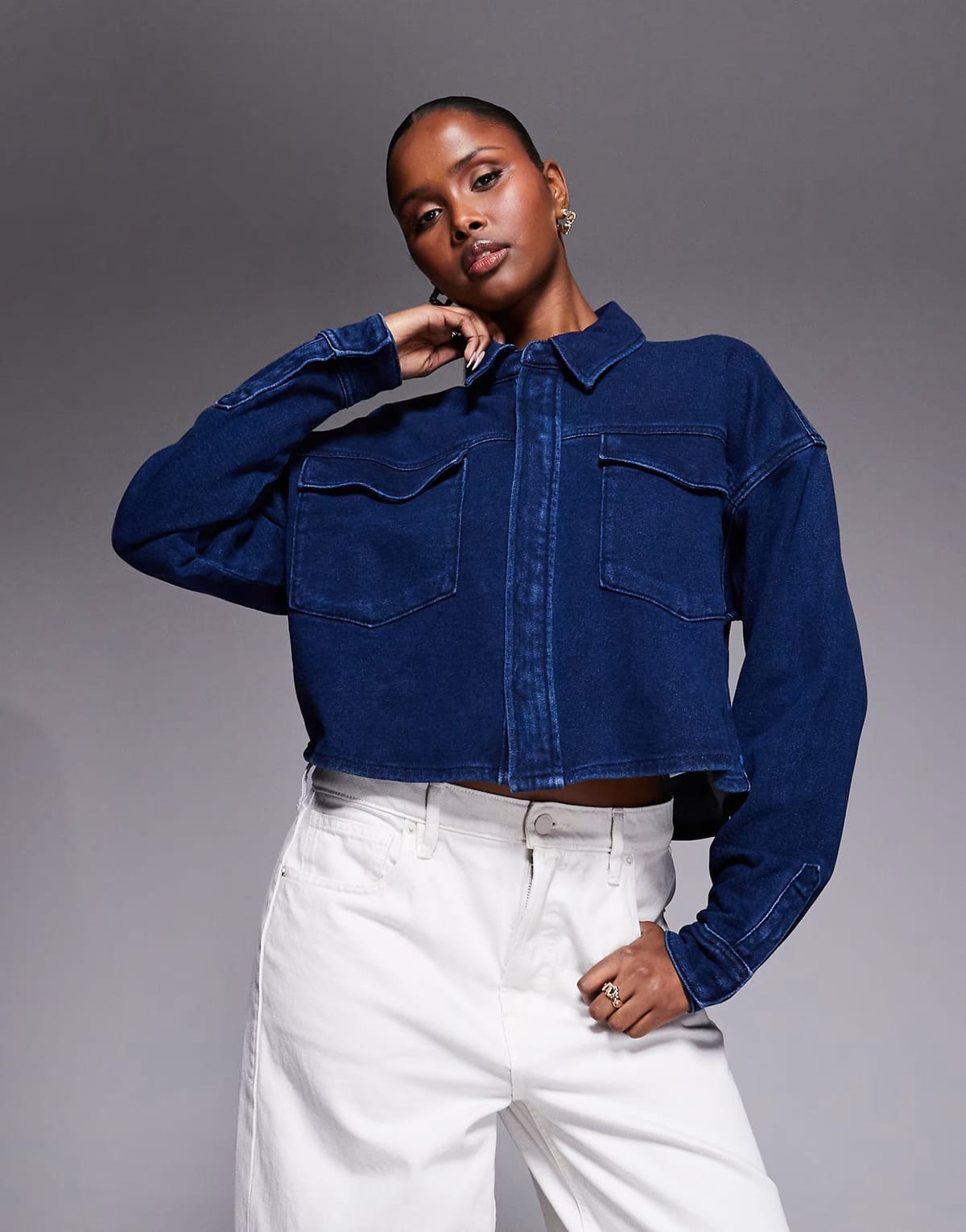 ASOS Good American jeanius cropped jacket co-ord in dark blue wash - 1