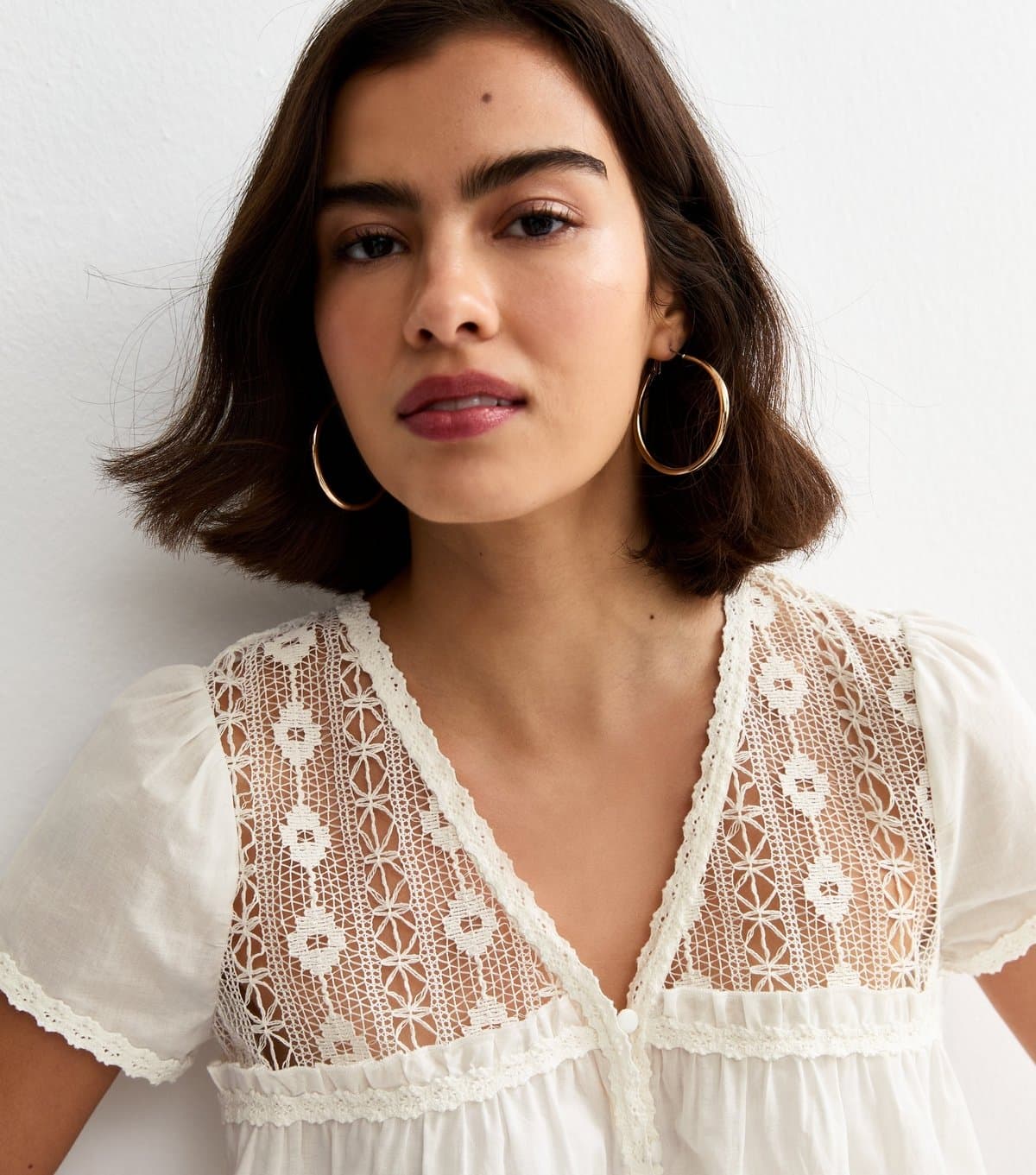 New Look Women's Cream Lace Panel Button Up Blouse New Look