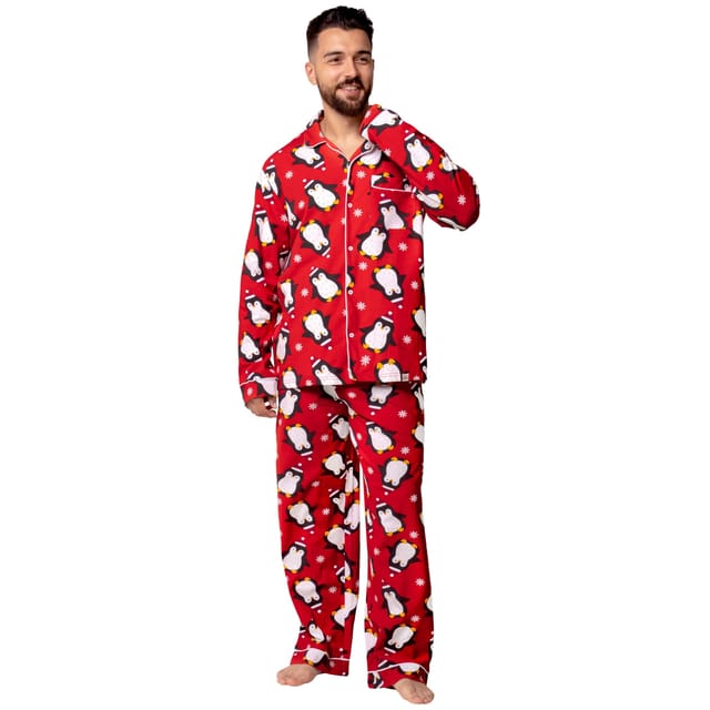 Harry Bear Harry Bear Men's Pengiun Long Sleeve Christmas Pyjamas in Red - 2