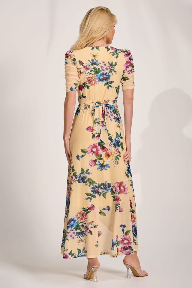 Jolie Moi Jolie Moi Women's Ruched Sleeve Mesh Maxi Dress in Yellow - 2