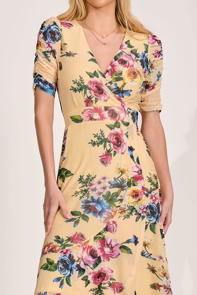 Jolie Moi Jolie Moi Women's Ruched Sleeve Mesh Maxi Dress in Yellow - 3