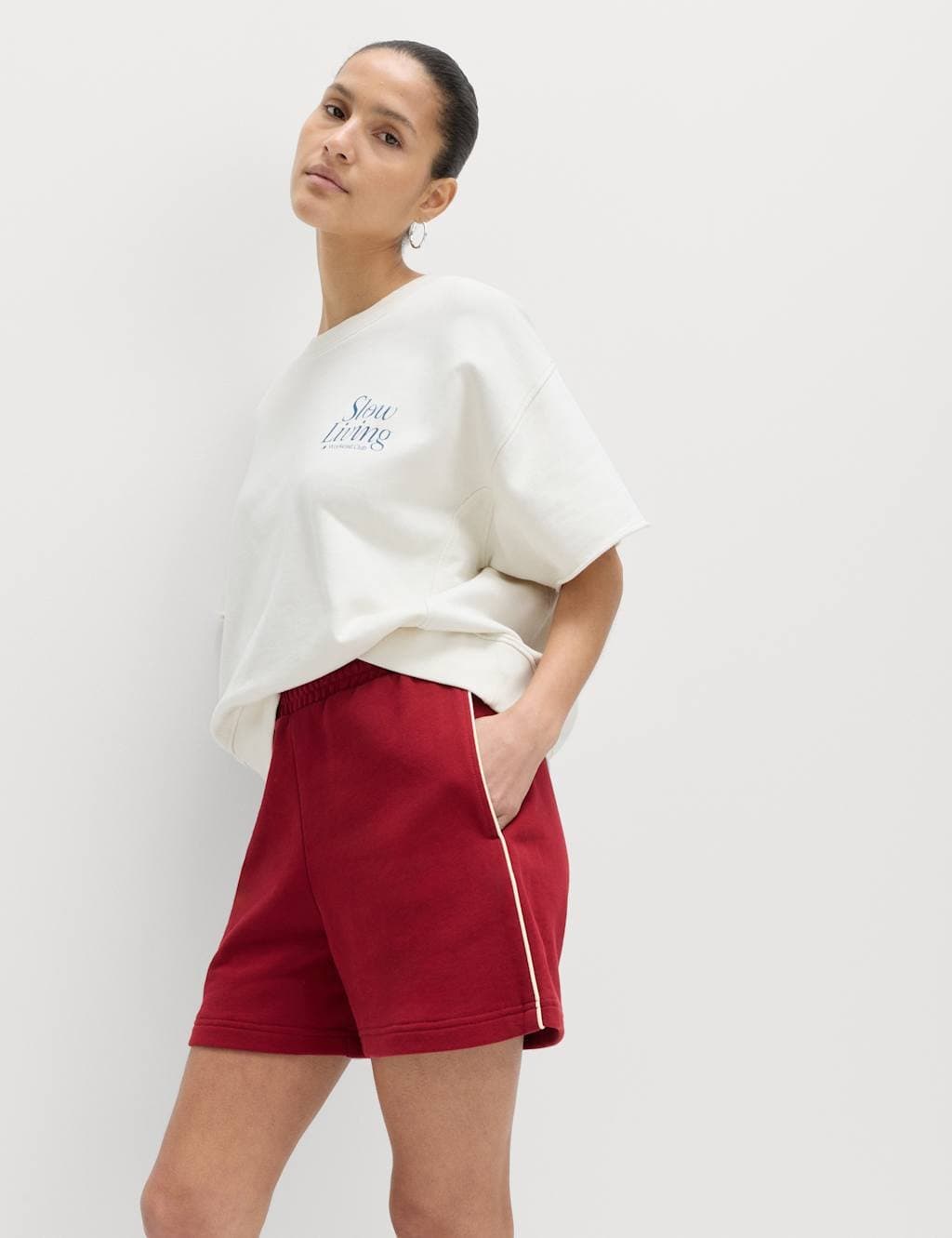 Marks & Spencer M&S Pure Cotton Side Stripe Jogger Shorts Burgundy