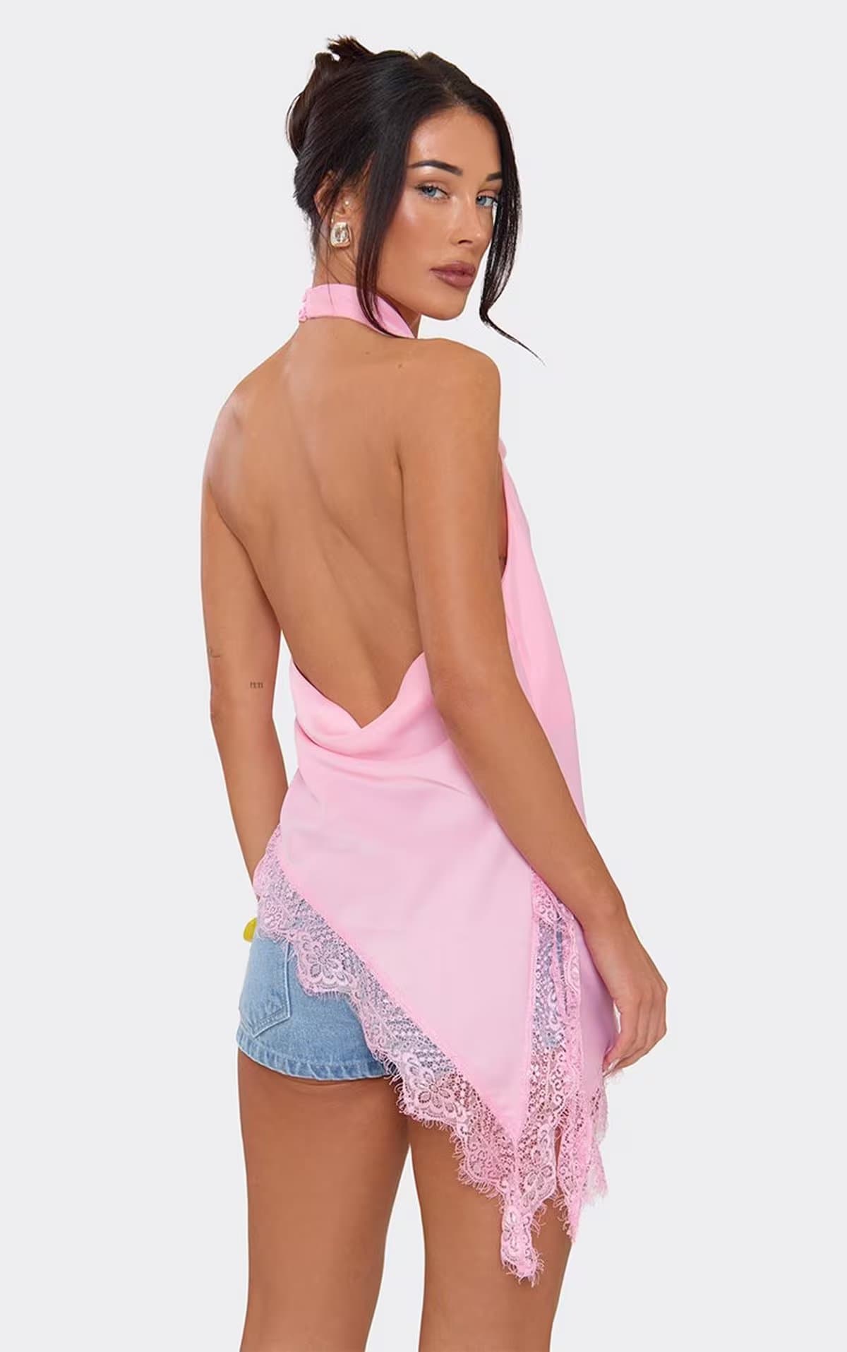 EGO Cowl Neck Asymmetric Hem Lace Detail Top In Pink Satin, Women's Size UK 6
