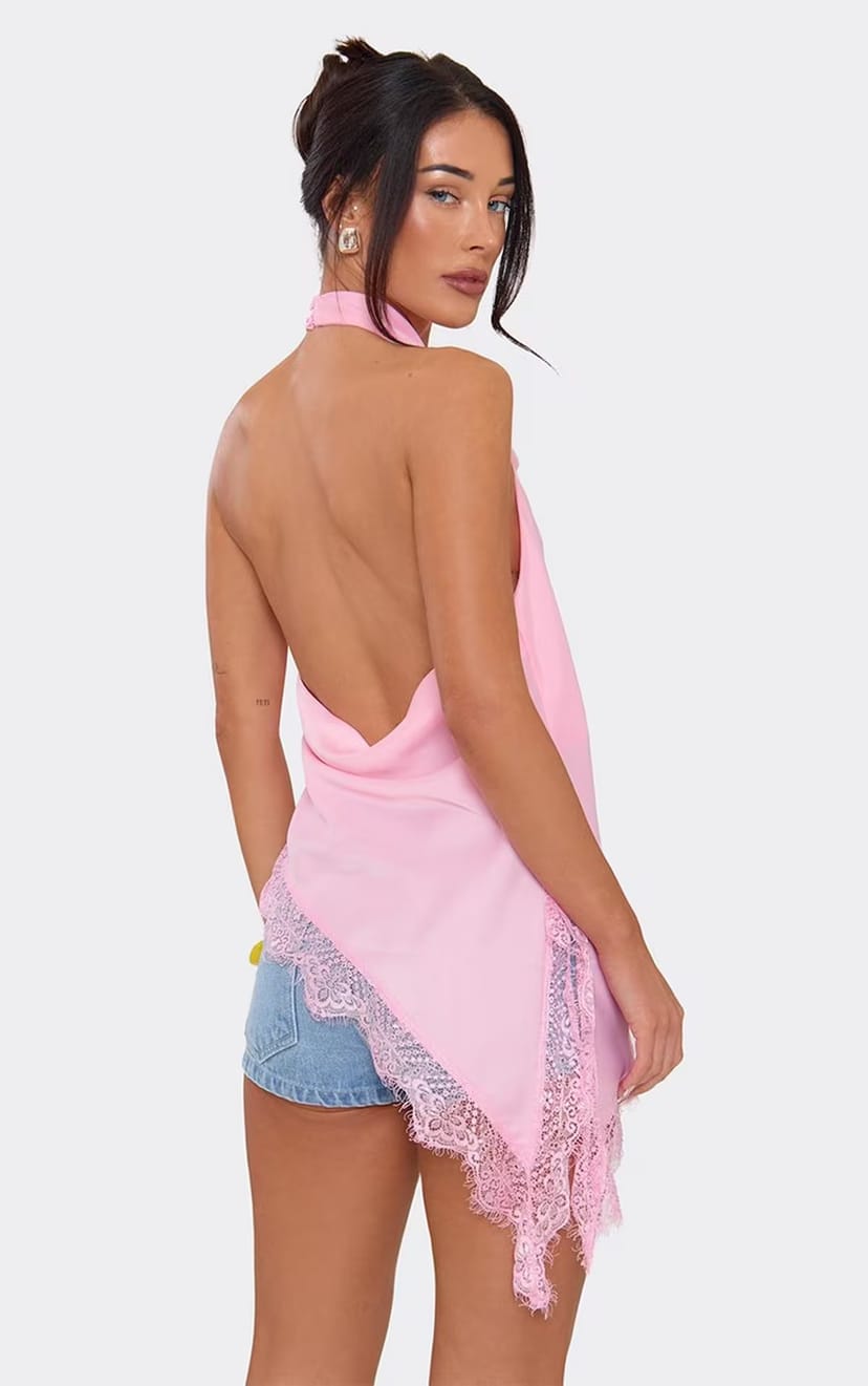 EGO Cowl Neck Asymmetric Hem Lace Detail Top In Pink Satin, Women's Size UK 6 - 1