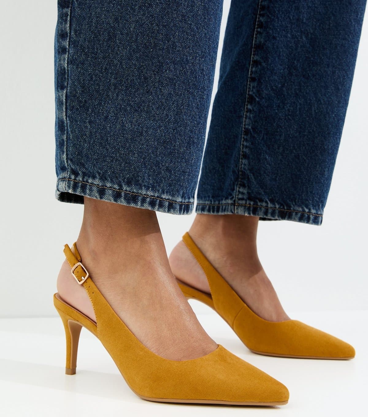 New Look Women's Dark Yellow Faux Suede Slingback Pumps Vegan New Look