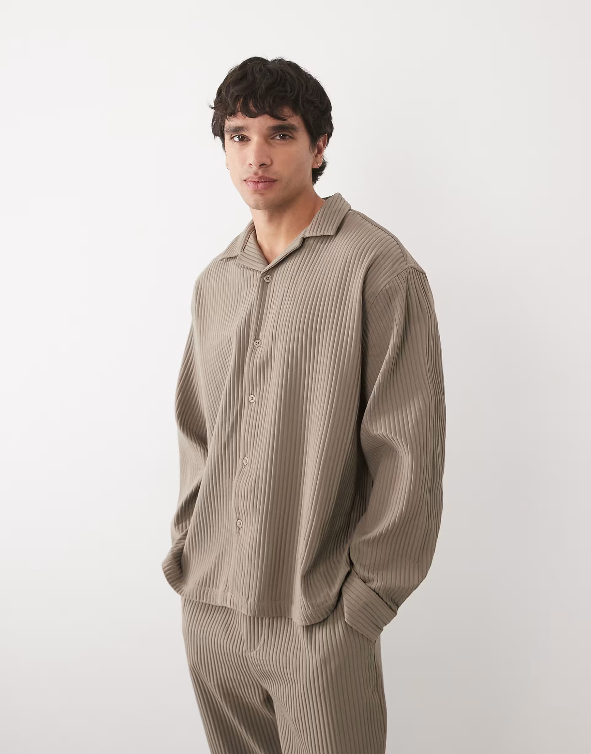 ASOS ASOS DESIGN co-ord oversized revere plisse shirt in brown