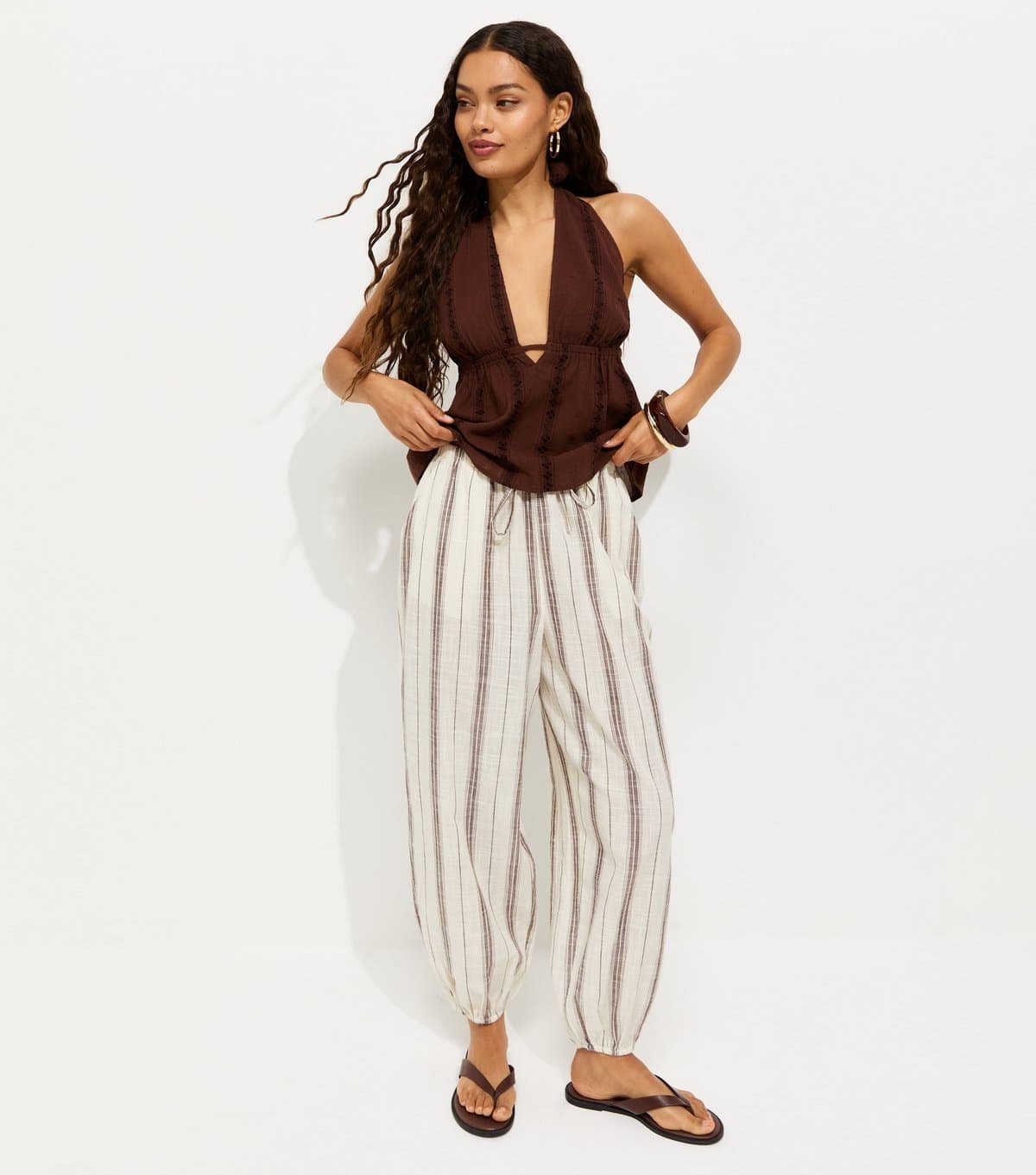 New Look Women's Petite Brown Cotton Woven Striped Cuffed Trousers New Look