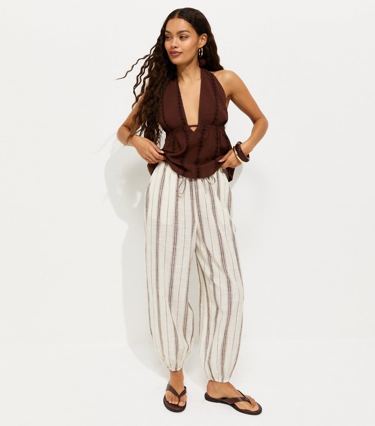 New Look Brown Cotton Woven Striped Cuffed Trousers