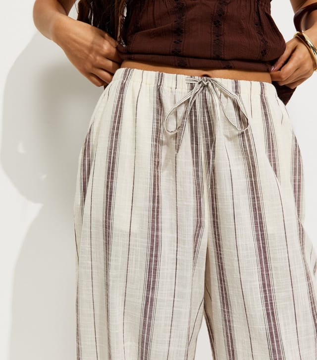 New Look Women's Petite Brown Cotton Woven Striped Cuffed Trousers New Look - 2