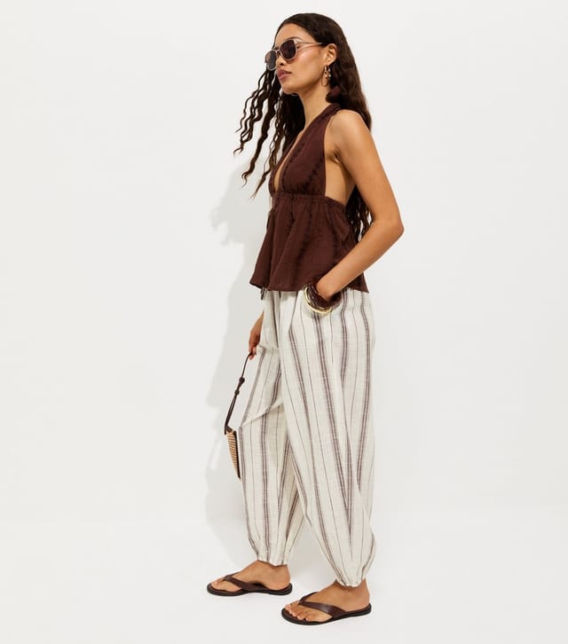 New Look Women's Petite Brown Cotton Woven Striped Cuffed Trousers New Look - 3