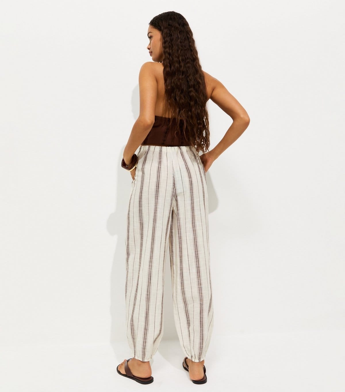 New Look Women's Petite Brown Cotton Woven Striped Cuffed Trousers New Look - 4