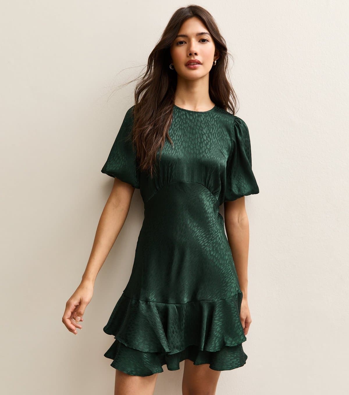 New Look Women's Dark Green Jaquard Feather Pattern Mini Dress New Look